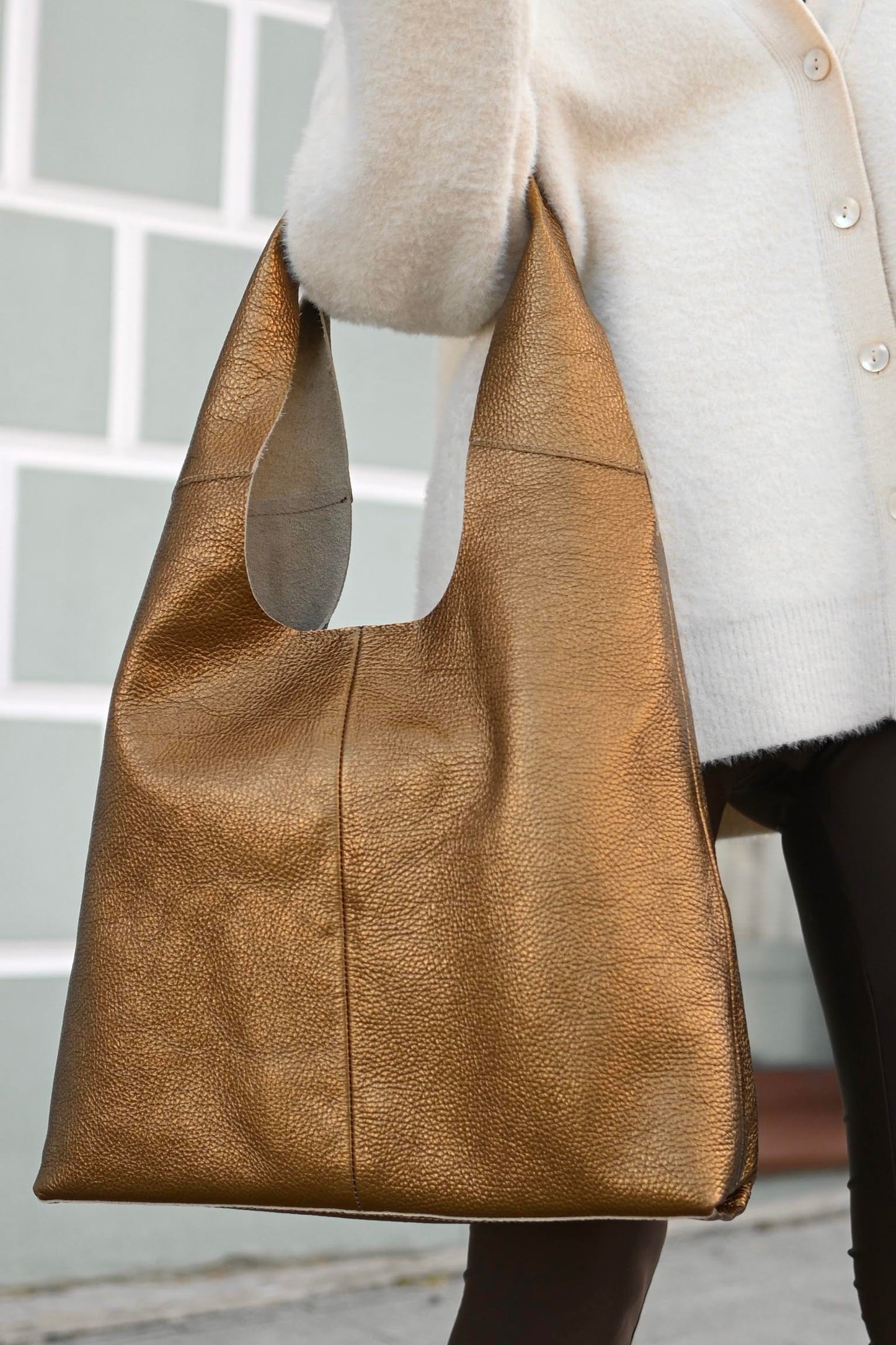 Large Pebbled Leather Hobo Bag - Slouchy Shoulder Tote in Bronze