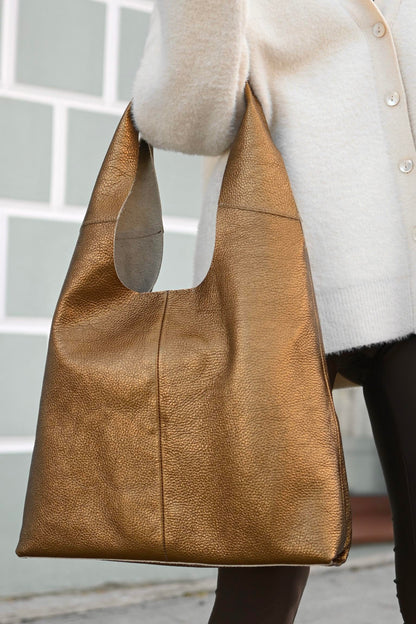 Large Pebbled Leather Hobo Bag - Slouchy Shoulder Tote in Bronze