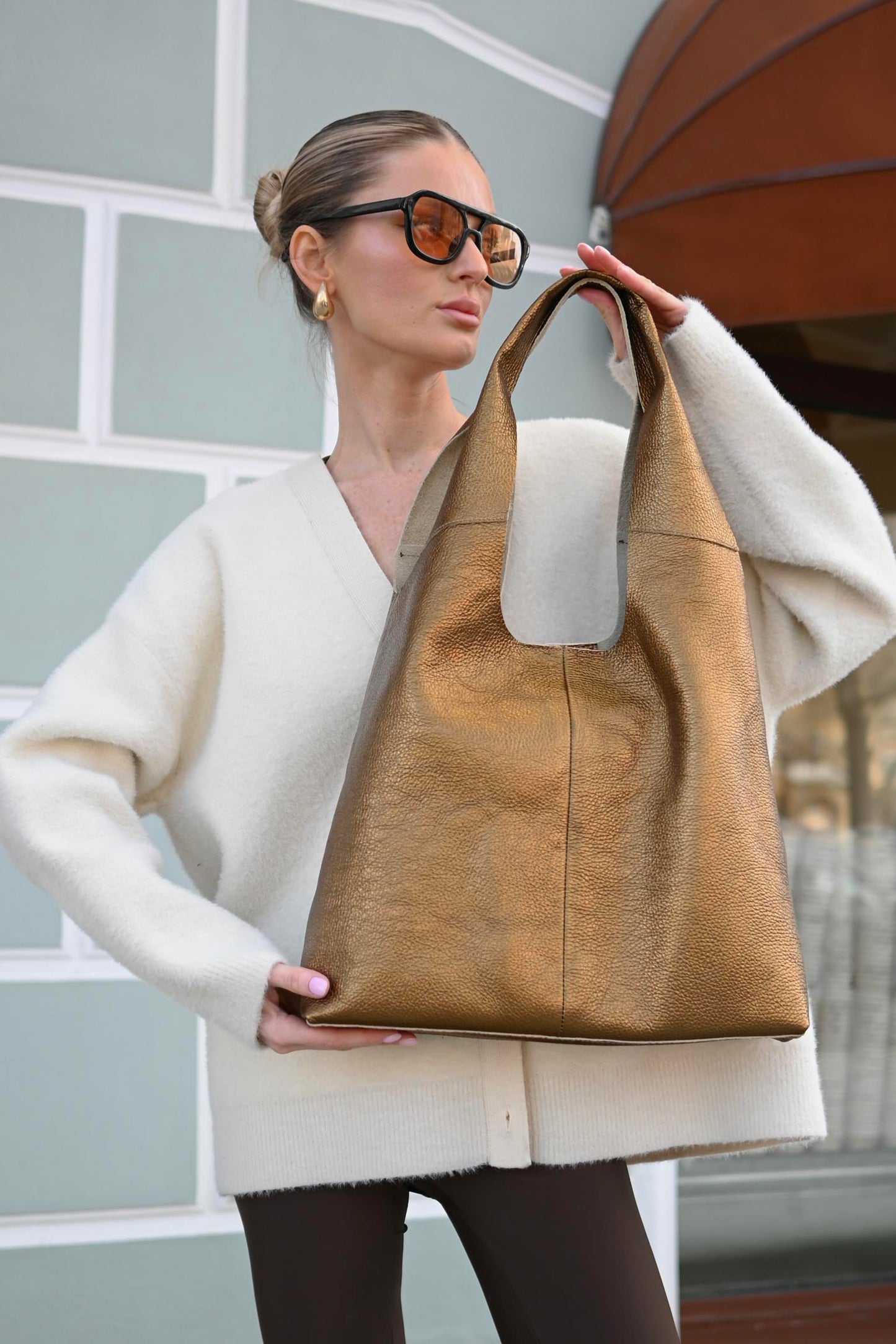 Large Pebbled Leather Hobo Bag - Slouchy Shoulder Tote in Bronze