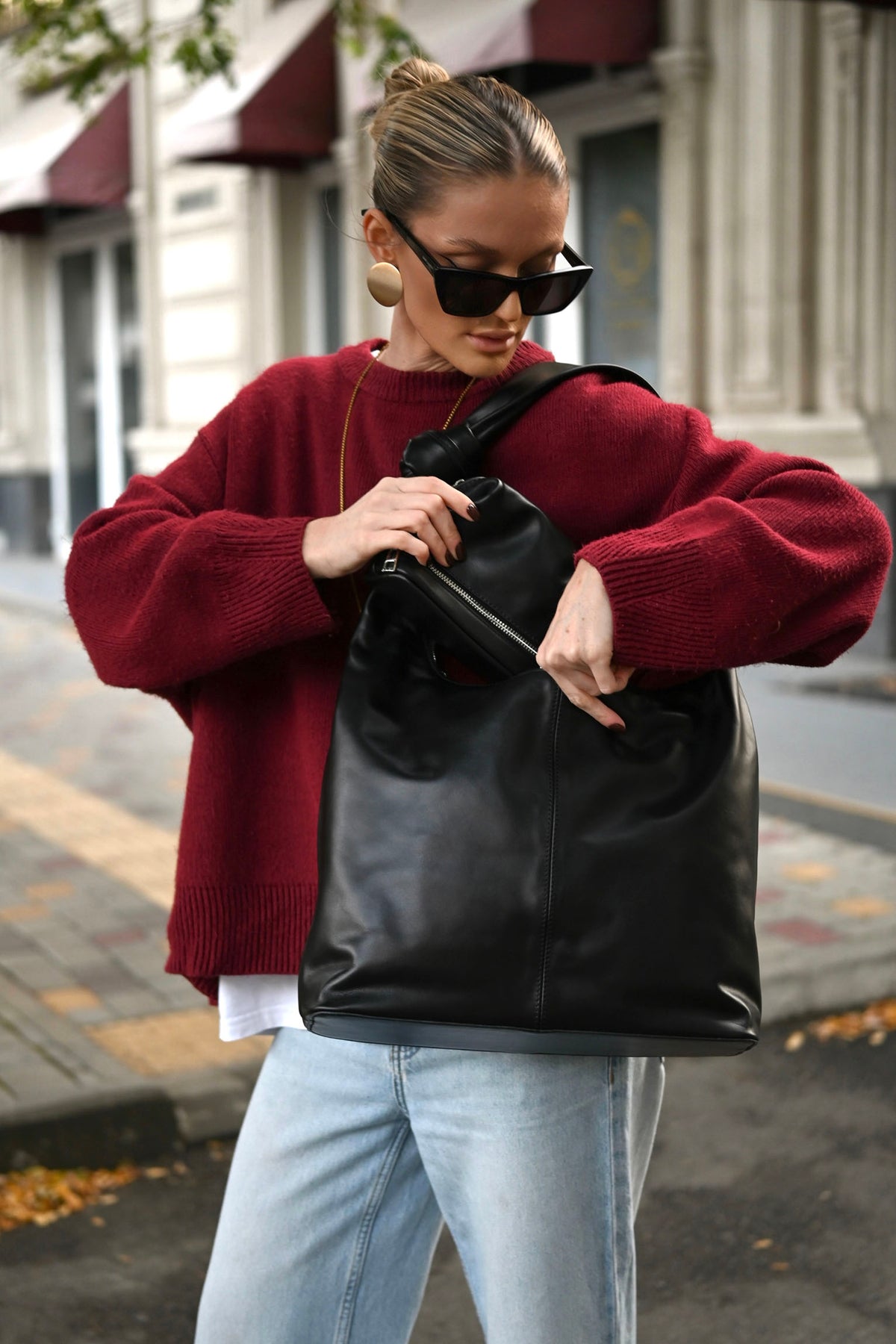 Black Smooth Leather Shoulder Bag with Knotted Handle & Zip Top