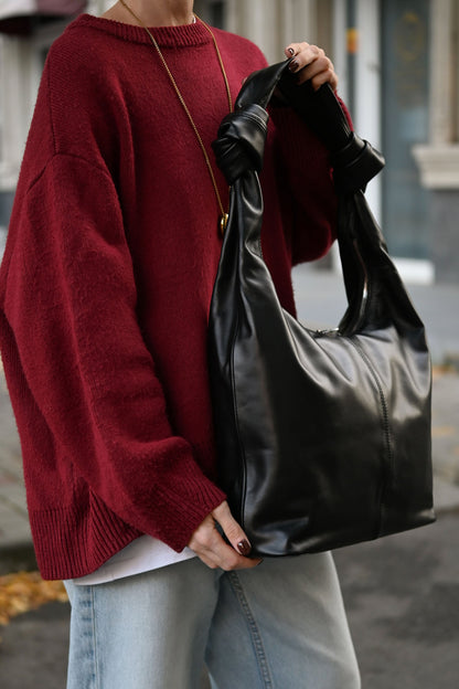 Black Smooth Leather Shoulder Bag with Knotted Handle & Zip Top