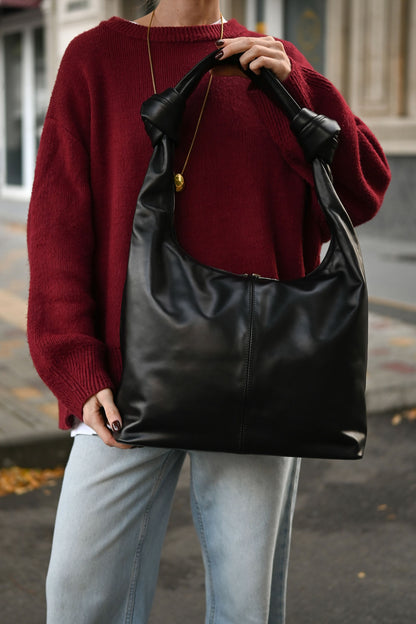 Black Smooth Leather Shoulder Bag with Knotted Handle & Zip Top