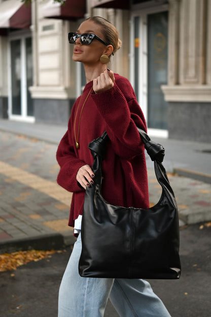 Black Smooth Leather Shoulder Bag with Knotted Handle & Zip Top