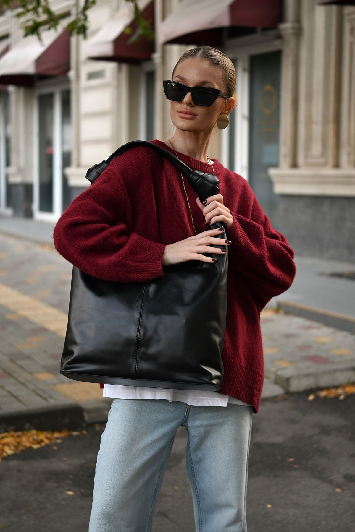 Black Smooth Leather Shoulder Bag with Knotted Handle & Zip Top