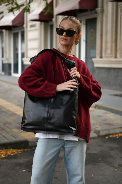 Black Smooth Leather Shoulder Bag with Knotted Handle & Zip Top