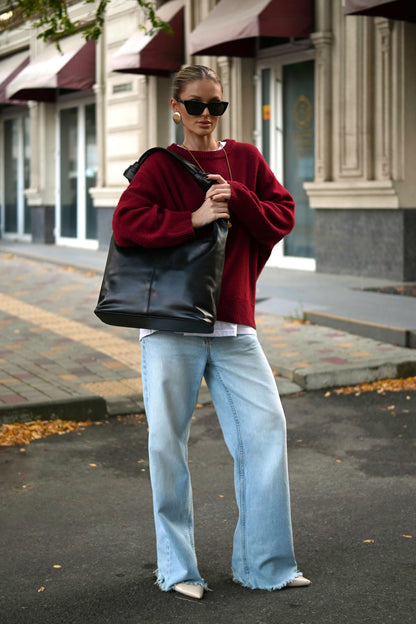 Black Smooth Leather Shoulder Bag with Knotted Handle & Zip Top