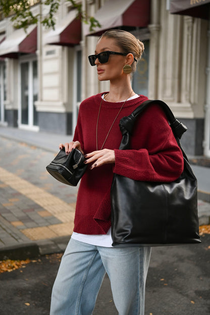 Black Smooth Leather Shoulder Bag with Knotted Handle & Zip Top