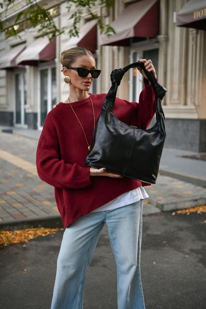 Black Smooth Leather Shoulder Bag with Knotted Handle & Zip Top