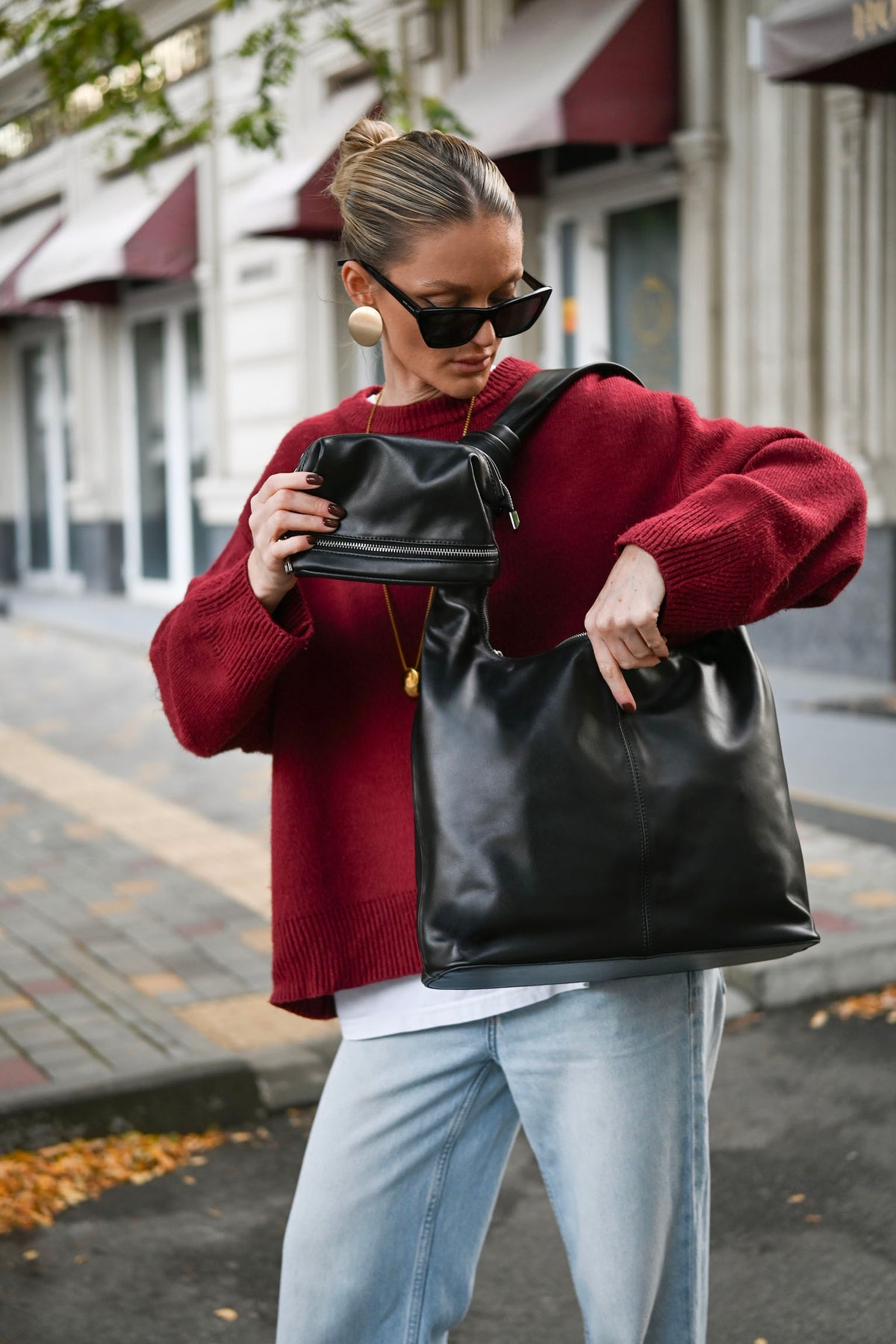 Black Smooth Leather Shoulder Bag with Knotted Handle & Zip Top