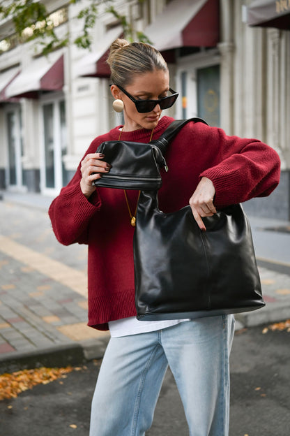 Black Smooth Leather Shoulder Bag with Knotted Handle & Zip Top