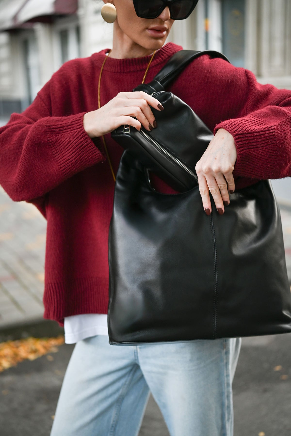 Black Smooth Leather Shoulder Bag with Knotted Handle & Zip Top