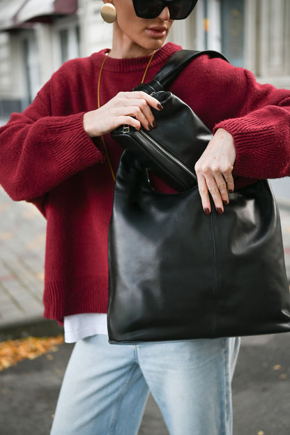 Black Smooth Leather Shoulder Bag with Knotted Handle & Zip Top