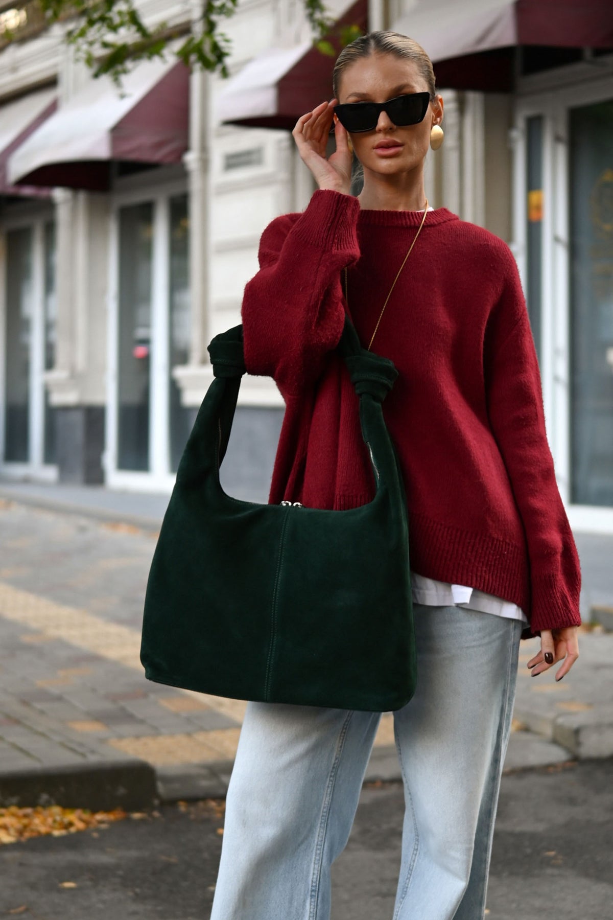Midnight Green Suede Shoulder Bag with Knotted Handle & Zip Top