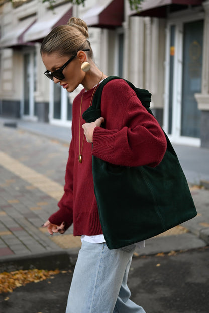 Midnight Green Suede Shoulder Bag with Knotted Handle & Zip Top