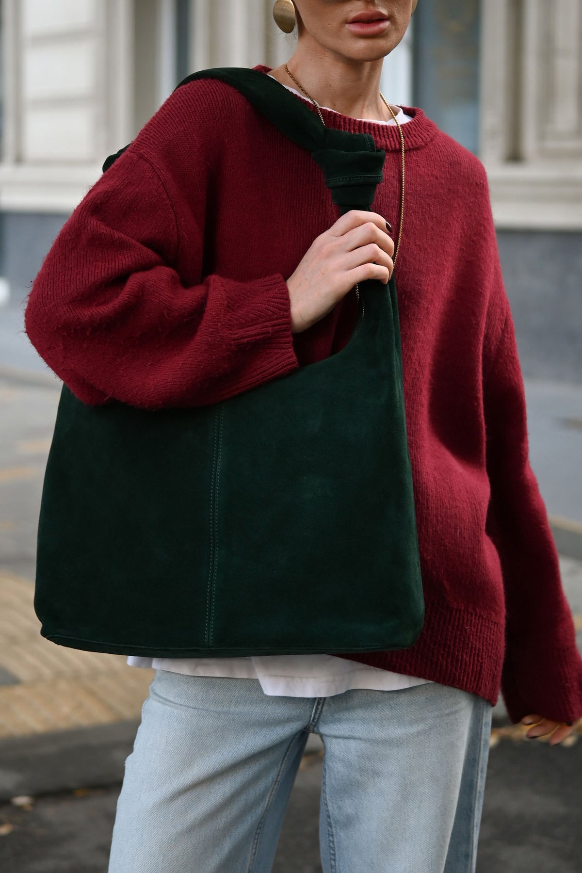 Midnight Green Suede Shoulder Bag with Knotted Handle & Zip Top