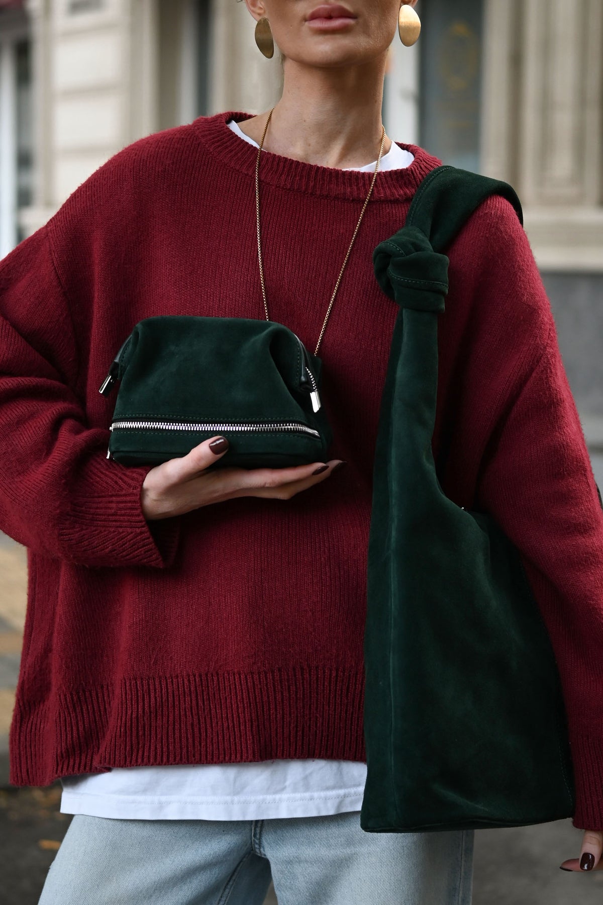 Midnight Green Suede Shoulder Bag with Knotted Handle & Zip Top