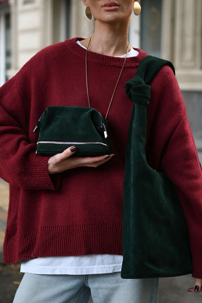 Midnight Green Suede Shoulder Bag with Knotted Handle & Zip Top