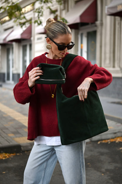 Midnight Green Suede Shoulder Bag with Knotted Handle & Zip Top