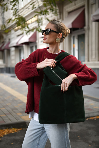 Midnight Green Suede Shoulder Bag with Knotted Handle & Zip Top