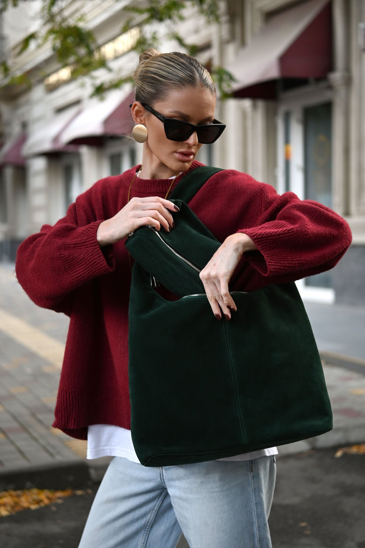 Midnight Green Suede Shoulder Bag with Knotted Handle & Zip Top
