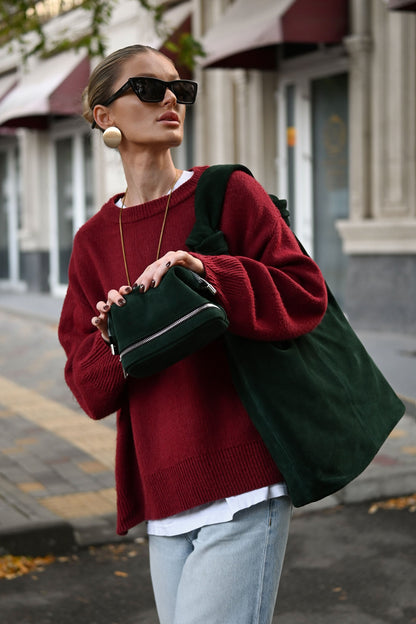 Midnight Green Suede Shoulder Bag with Knotted Handle & Zip Top