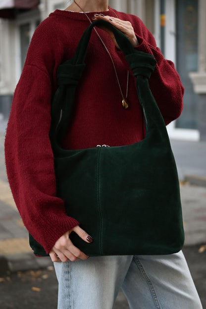 Midnight Green Suede Shoulder Bag with Knotted Handle & Zip Top