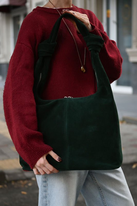 Midnight Green Suede Shoulder Bag with Knotted Handle & Zip Top
