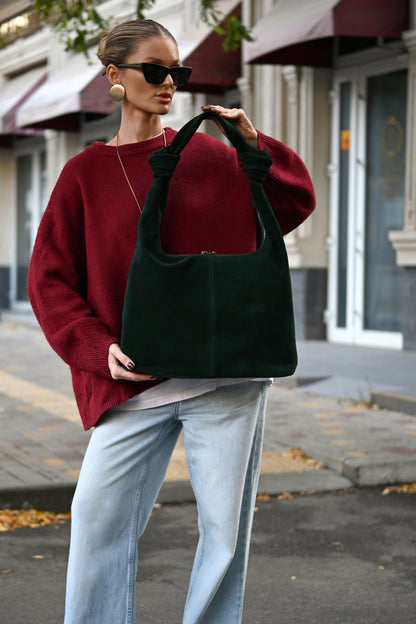 Midnight Green Suede Shoulder Bag with Knotted Handle & Zip Top