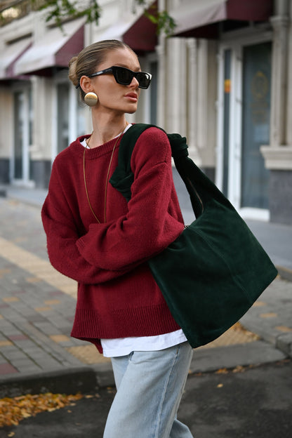 Midnight Green Suede Shoulder Bag with Knotted Handle & Zip Top