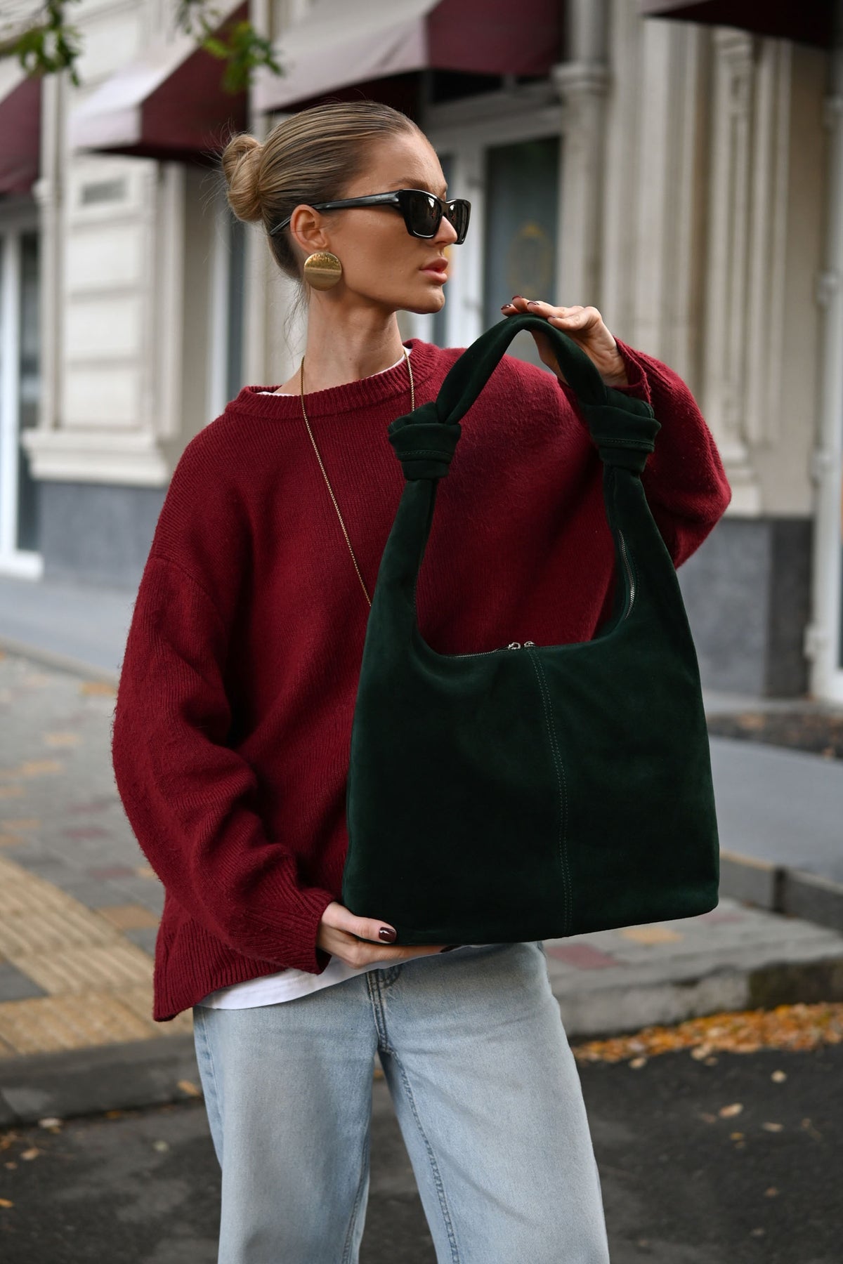 Midnight Green Suede Shoulder Bag with Knotted Handle & Zip Top