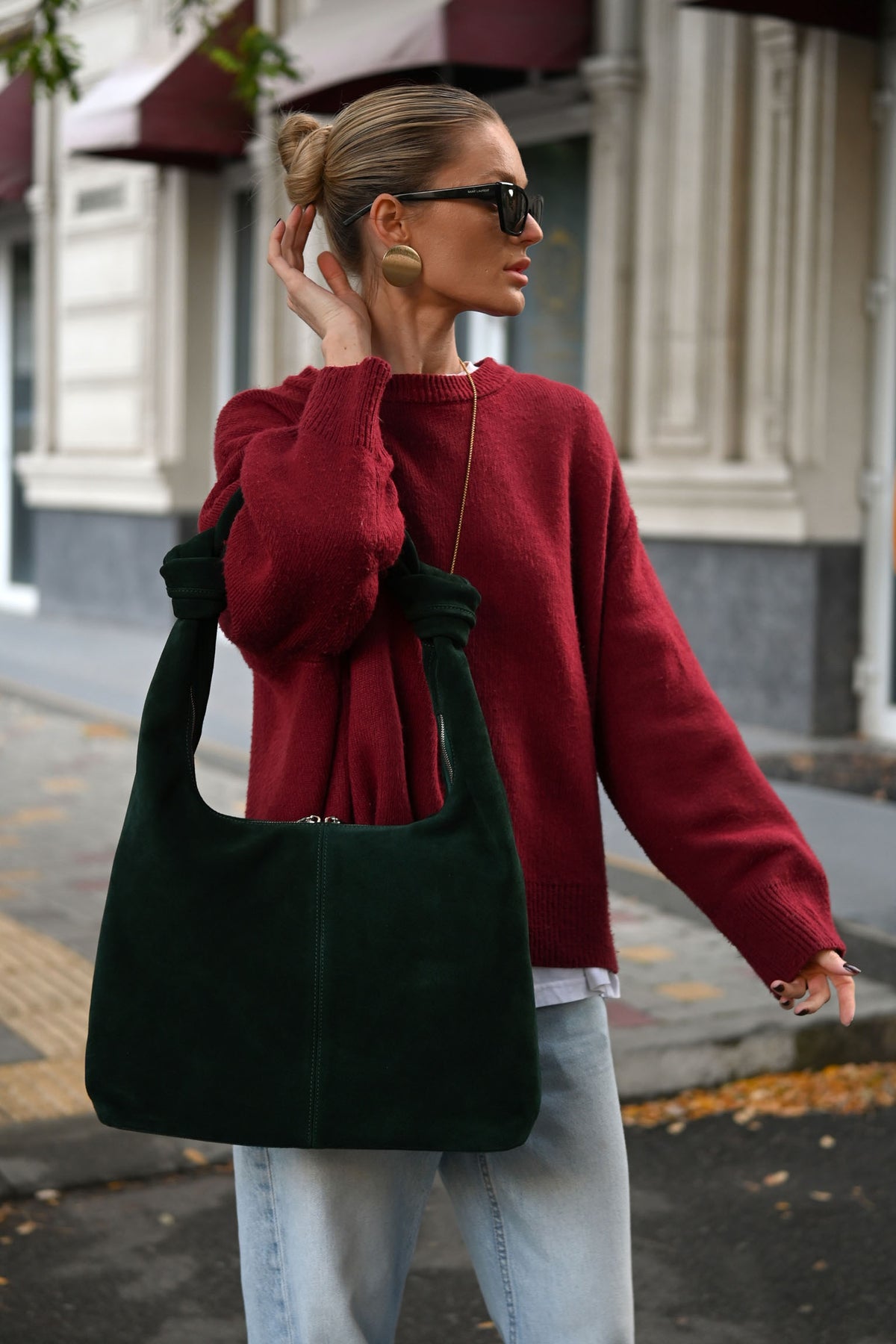 Midnight Green Suede Shoulder Bag with Knotted Handle & Zip Top