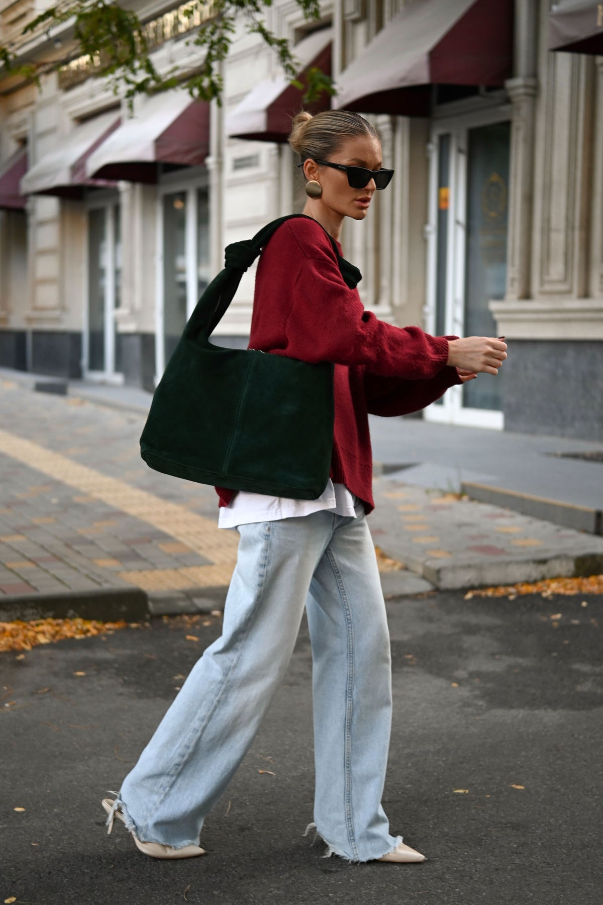 Midnight Green Suede Shoulder Bag with Knotted Handle & Zip Top