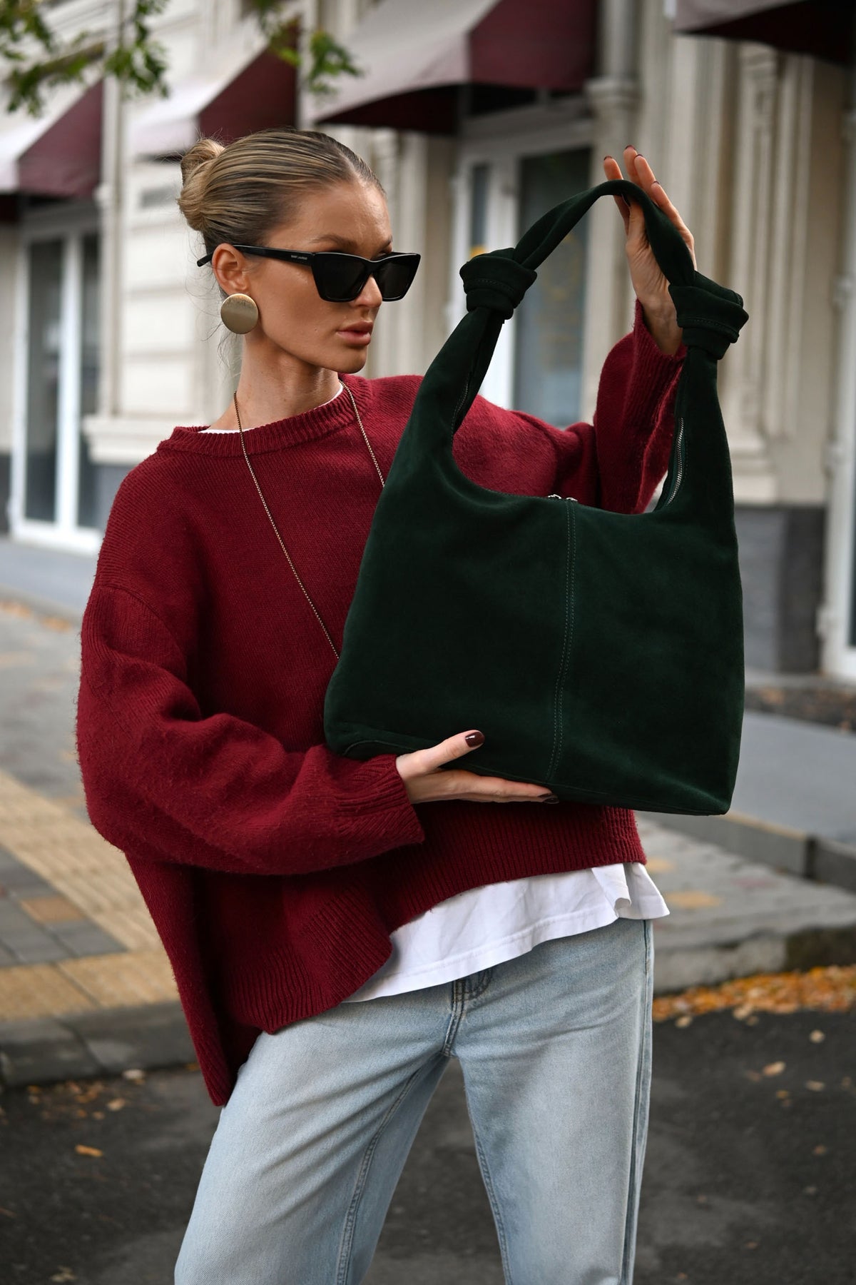 Midnight Green Suede Shoulder Bag with Knotted Handle & Zip Top