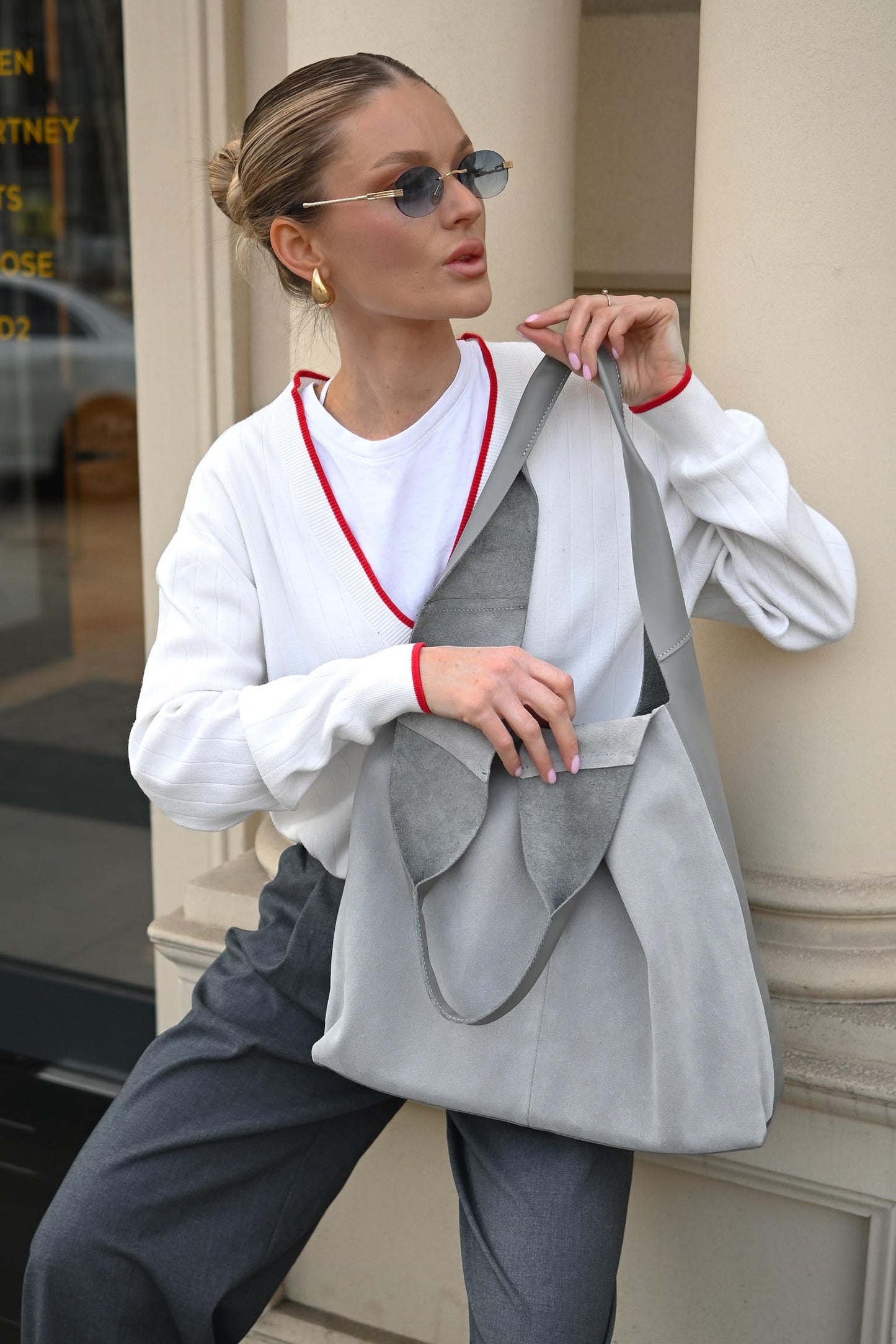 Large Suede & Leather Hobo Bag - Slouchy Shoulder Tote in Metal Grey Mix
