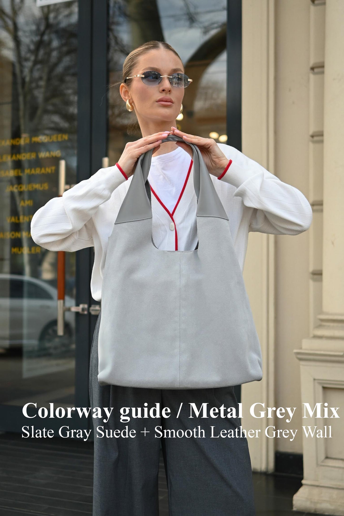 Large Suede & Leather Hobo Bag - Slouchy Shoulder Tote in Metal Grey Mix