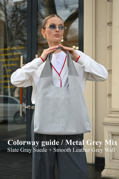 Large Suede & Leather Hobo Bag - Slouchy Shoulder Tote in Metal Grey Mix