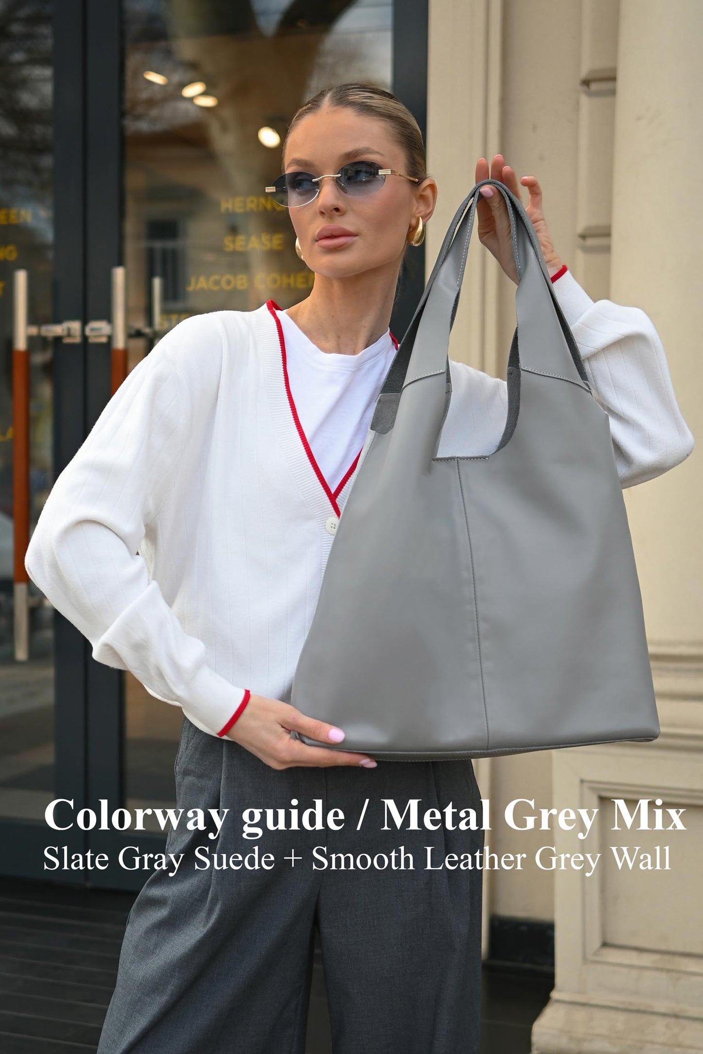 Large Suede & Leather Hobo Bag - Slouchy Shoulder Tote in Metal Grey Mix