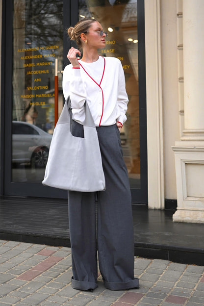 Large Suede & Leather Hobo Bag - Slouchy Shoulder Tote in Metal Grey Mix