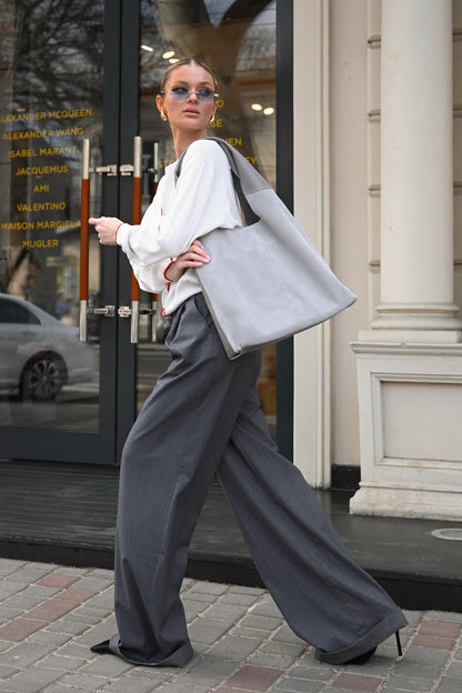 Large Suede & Leather Hobo Bag - Slouchy Shoulder Tote in Metal Grey Mix