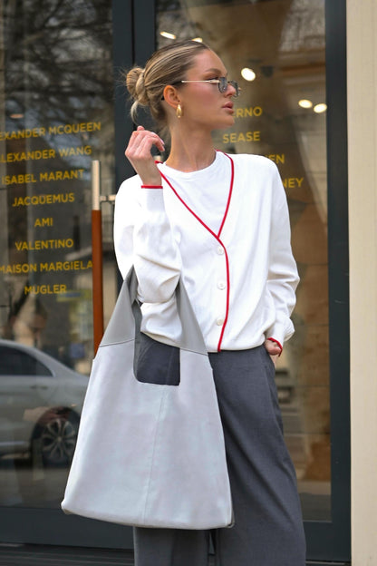 Large Suede & Leather Hobo Bag - Slouchy Shoulder Tote in Metal Grey Mix