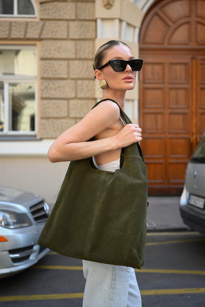Large Suede Hobo Bag - Slouchy Shoulder Tote in Forest Olive