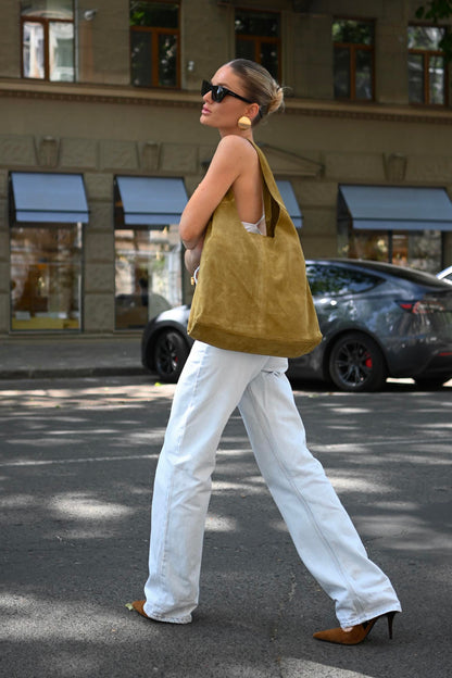 Large Suede Hobo Bag - Slouchy Shoulder Tote in Moss Green