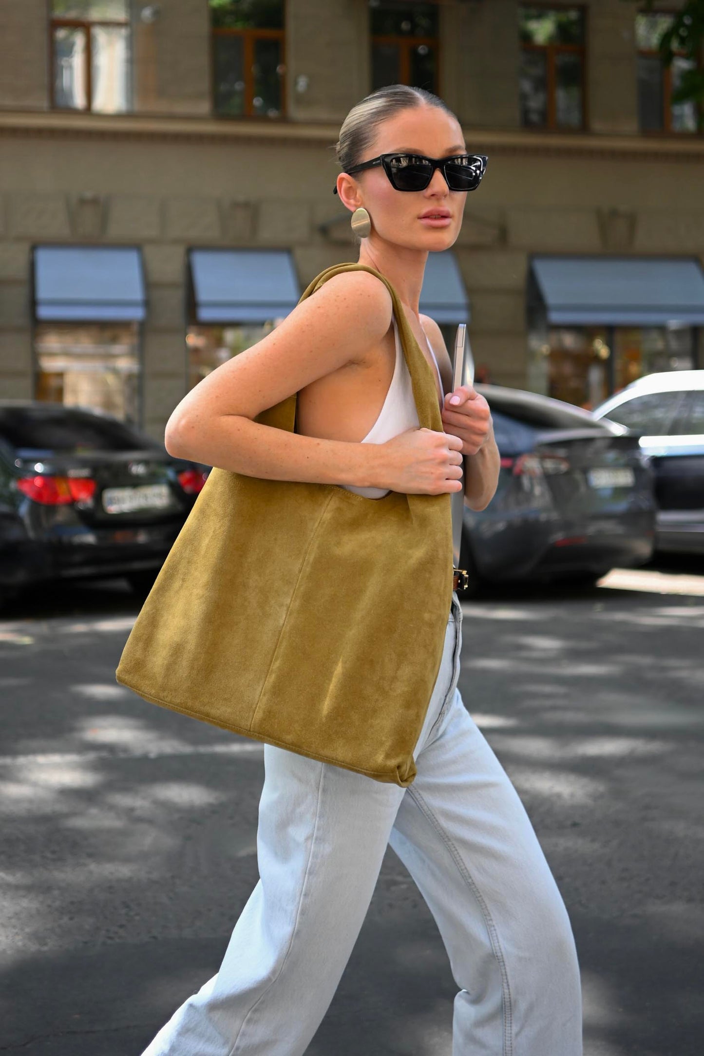Large Suede Hobo Bag - Slouchy Shoulder Tote in Moss Green
