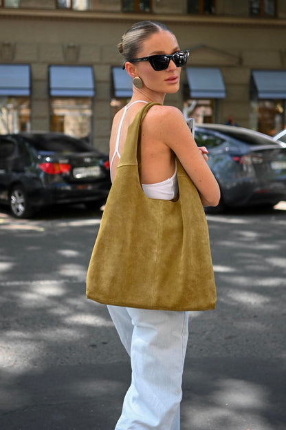 Large Suede Hobo Bag - Slouchy Shoulder Tote in Moss Green