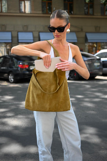Large Suede Hobo Bag - Slouchy Shoulder Tote in Moss Green
