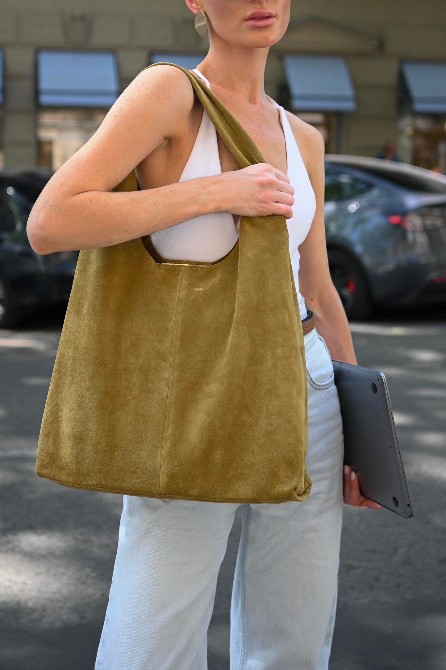 Large Suede Hobo Bag - Slouchy Shoulder Tote in Moss Green