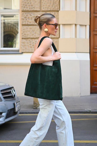 Large Suede Hobo Bag - Slouchy Shoulder Tote in Midnight Green