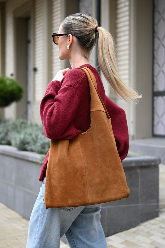 Large Suede Hobo Bag - Slouchy Shoulder Tote in Warm Tan