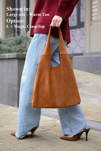Large Suede Hobo Bag - Slouchy Shoulder Tote in Warm Tan