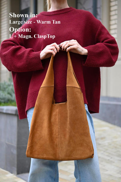 Large Suede Hobo Bag - Slouchy Shoulder Tote in Warm Tan